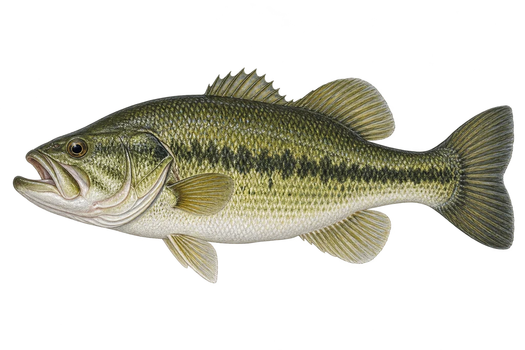 Detailed field guide illustration of a largemouth bass